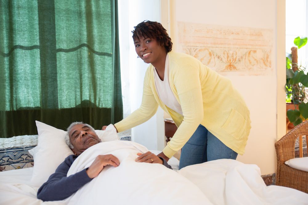 A smiling Serenity caregiver assisting a senior client